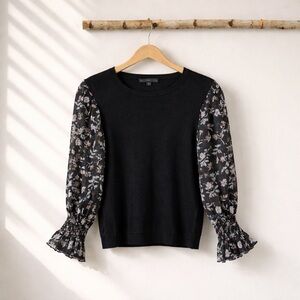 Adrianna Papell Black Knit Sweater with Sheer Sleeves